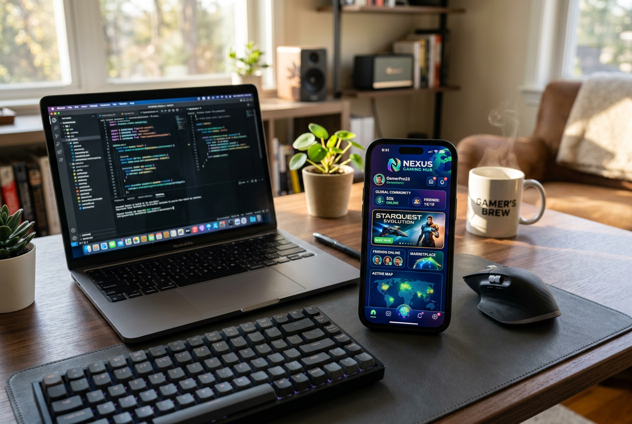 Modern digital workspace showing a laptop and smartphone for online gaming.
